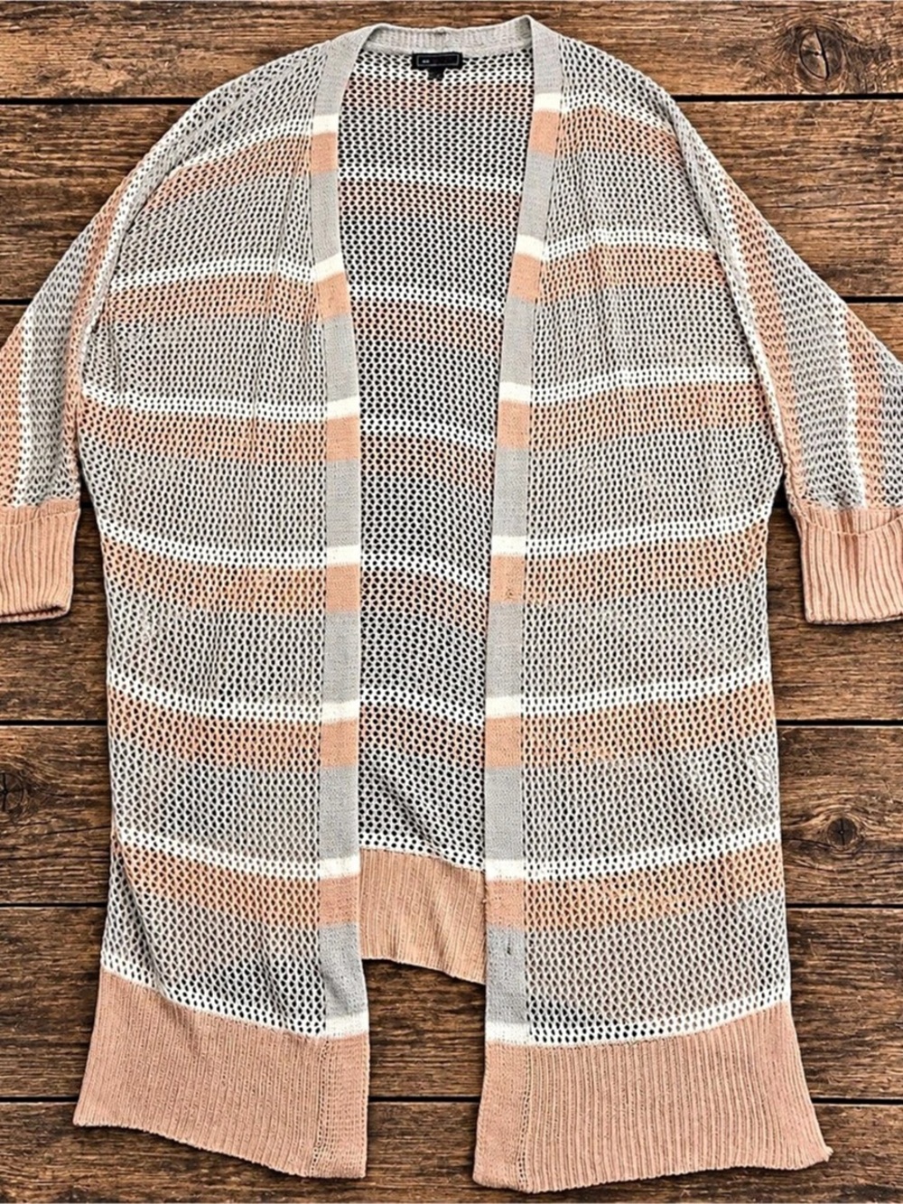 ms. MAGGIE Women’s XL Open Knit Striped Cardigan Sweater Peach Gray